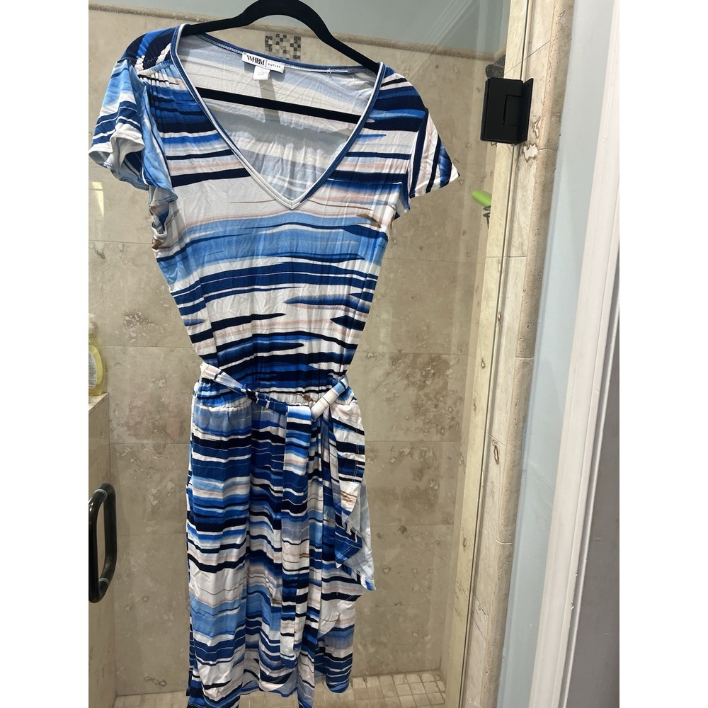 White House Black Market Blue Stripe Faux Wrap Dress Womens M Short Sleeve